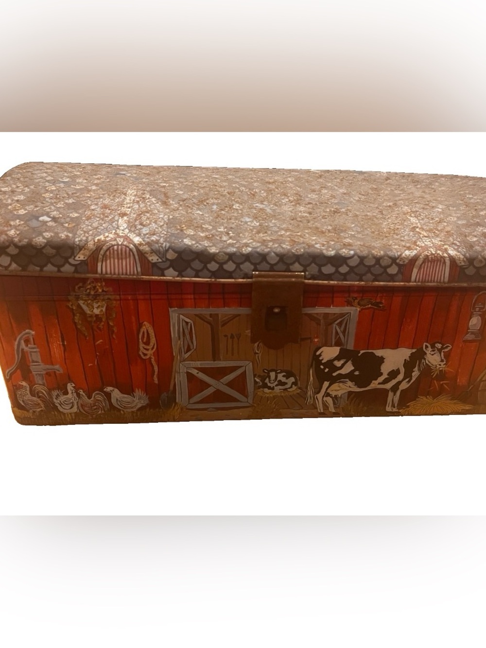Vintage Silver Tree Farm Red Barn Storage Tin Box Chest Cow Animal Farmhouse